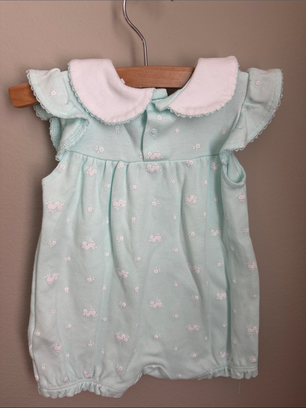 TRES BEAU ET BELLE Baby Girl Mint Peter Pan Collar Romper Size 6-9 Months - Picture 5 of 7